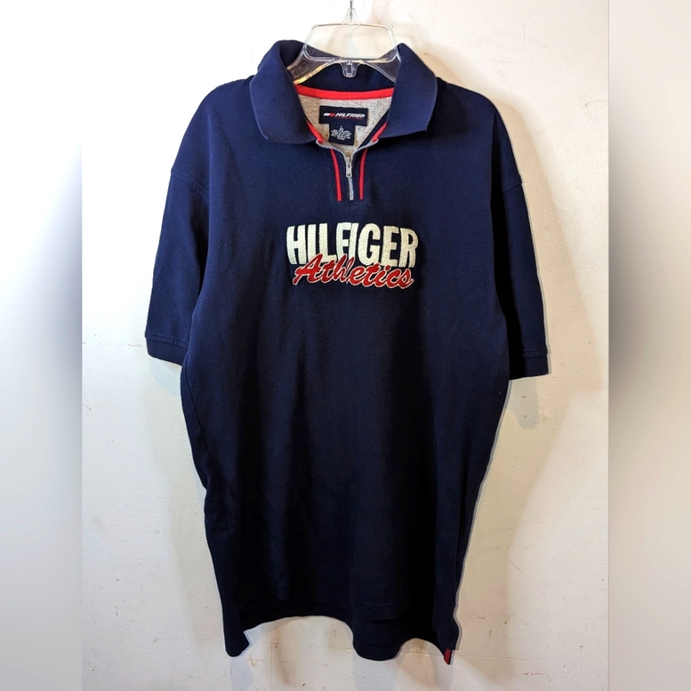 VTG Tommy Hilfiger Athletics Mens Blue L Short Sleeve Polo Embroidered YKK Y2K